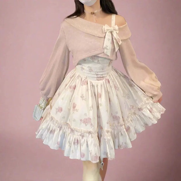Vestido Floral Rosa Con Cárdigan De Punto A Juego - Tienda Kawaii