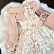 Vestido Floral Rosa Con Cárdigan De Punto A Juego - Tienda Kawaii