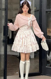 Vestido Floral Rosa Con Cárdigan De Punto A Juego - Tienda Kawaii