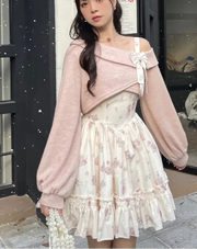 Vestido Floral Rosa Con Cárdigan De Punto A Juego - Tienda Kawaii