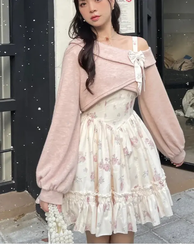 Vestido Floral Rosa Con Cárdigan De Punto A Juego - Tienda Kawaii