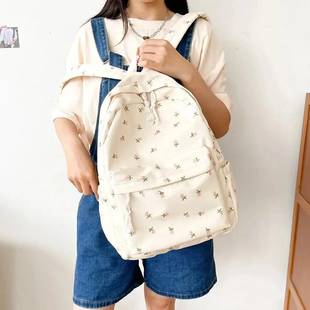 Mochila Floral Grande Capacidad Estilo Preppy - Tienda Kawaii