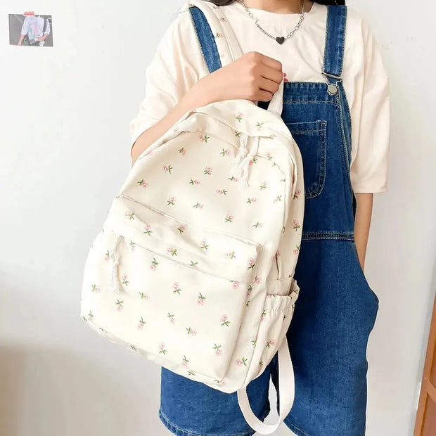 Mochila Floral Grande Capacidad Estilo Preppy - Tienda Kawaii