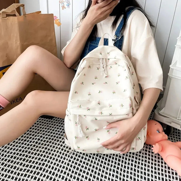 Mochila Floral Grande Capacidad Estilo Preppy - Tienda Kawaii