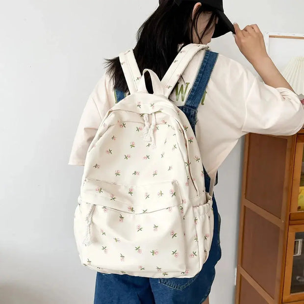 Mochila Floral Grande Capacidad Estilo Preppy - Tienda Kawaii