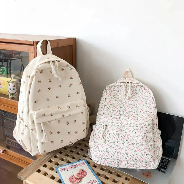Mochila Floral Grande Capacidad Estilo Preppy - Tienda Kawaii