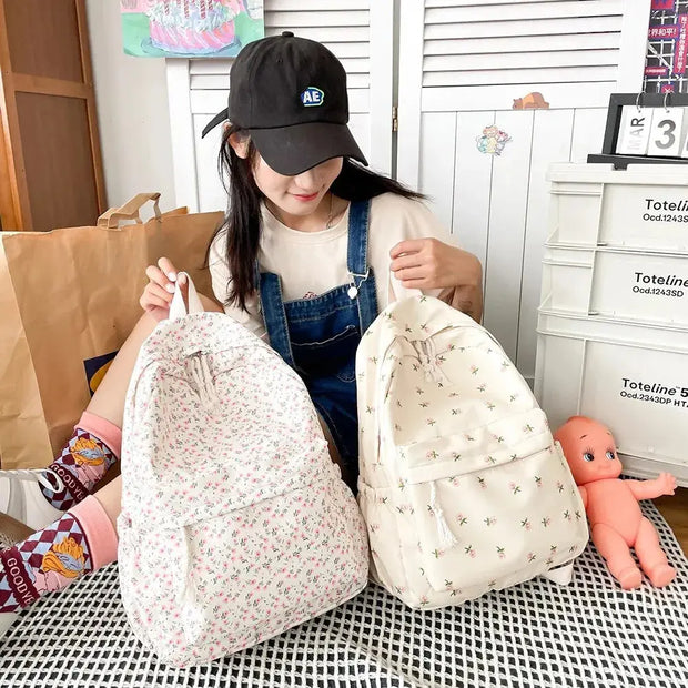 Mochila Floral Grande Capacidad Estilo Preppy - Tienda Kawaii