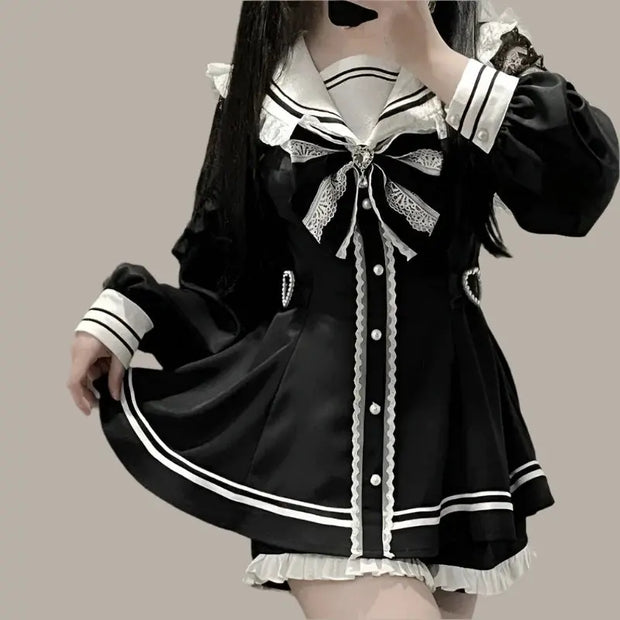 Vestido Gótico Con Lazo Y Conjunto De Shorts Y2K - Tienda Kawaii