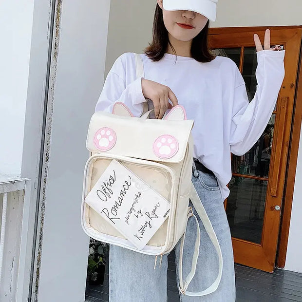 Mochila Kawaii con Orejas de Gato y Huella Pastel - Tienda Kawaii