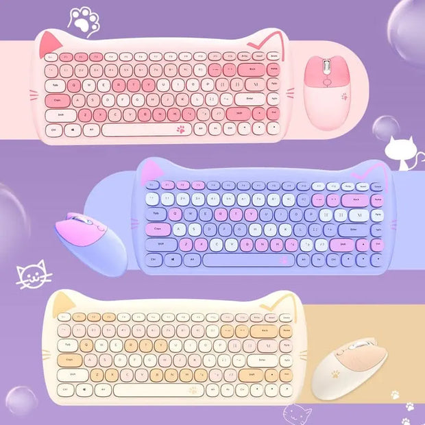 Teclado y Ratón Inalámbrico Kawaii con Diseño de Gato - Tienda Kawaii