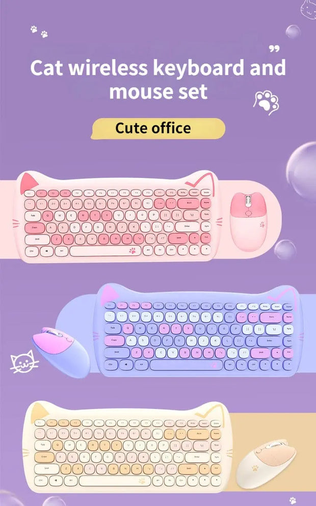 Teclado y Ratón Inalámbrico Kawaii con Diseño de Gato - Tienda Kawaii
