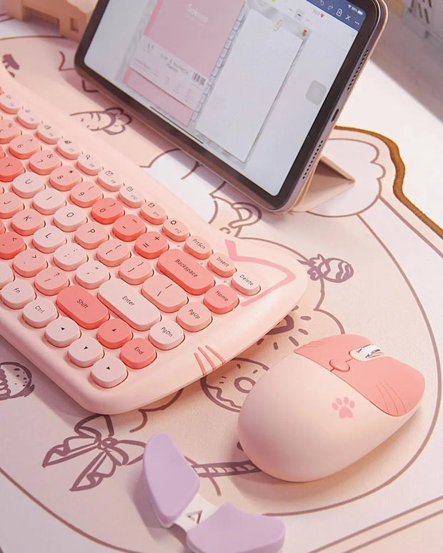 Teclado y Ratón Inalámbrico Kawaii con Diseño de Gato - Tienda Kawaii