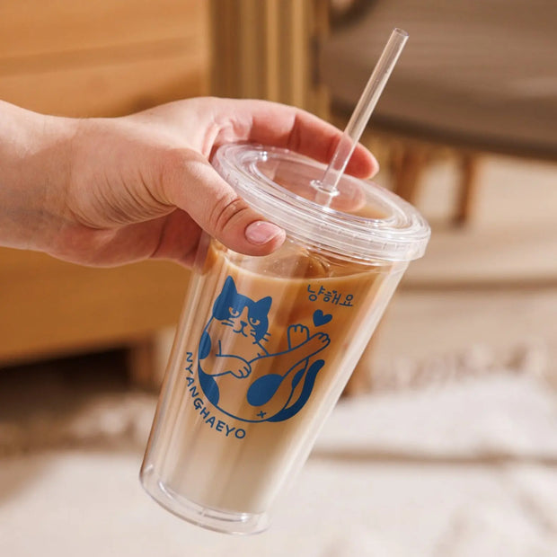 Botella Térmica Doble Capa Nyangheayo Coreana Con Pajita - Tienda Kawaii