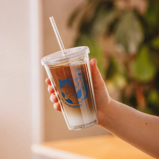 Botella Térmica Doble Capa Nyangheayo Coreana Con Pajita - Tienda Kawaii