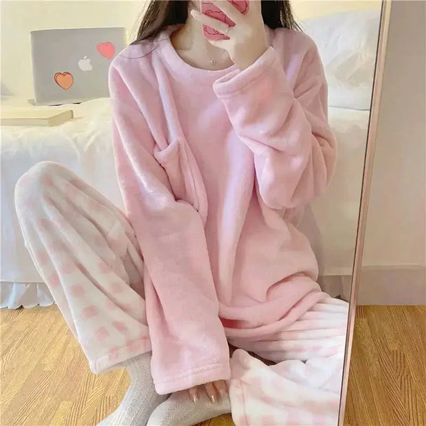 Pijama De Forro Polar Suave Con Diseño De Cuadros - Tienda Kawaii