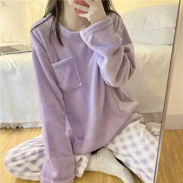Pijama De Forro Polar Suave Con Diseño De Cuadros - Tienda Kawaii