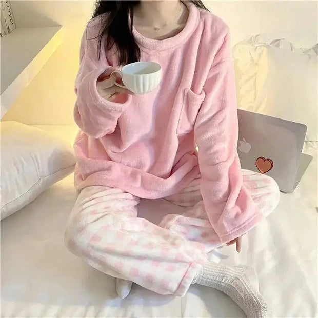 Pijama De Forro Polar Suave Con Diseño De Cuadros - Tienda Kawaii