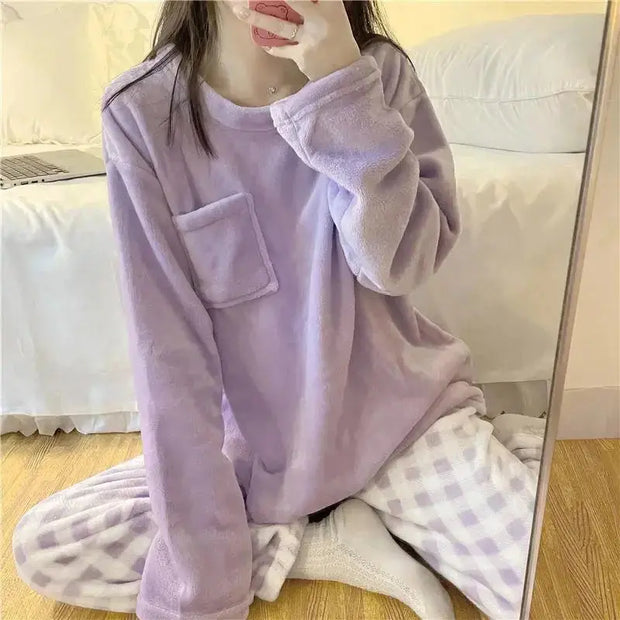 Pijama De Forro Polar Suave Con Diseño De Cuadros - Tienda Kawaii