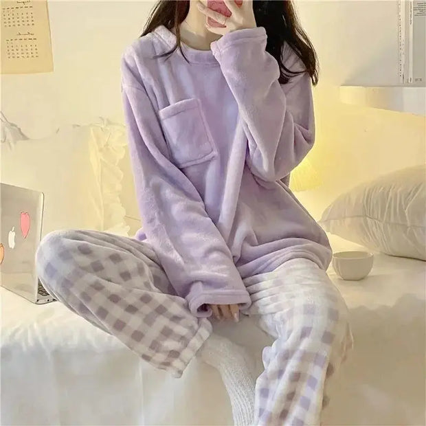 Pijama De Forro Polar Suave Con Diseño De Cuadros - Tienda Kawaii