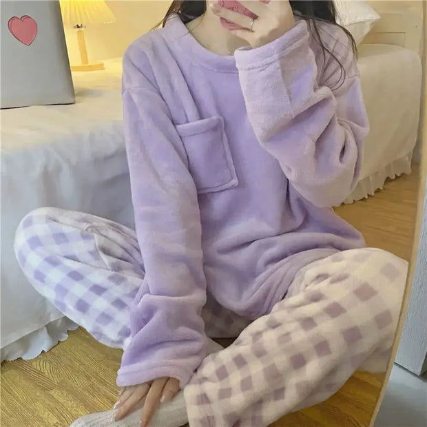 Pijama De Forro Polar Suave Con Diseño De Cuadros - Tienda Kawaii