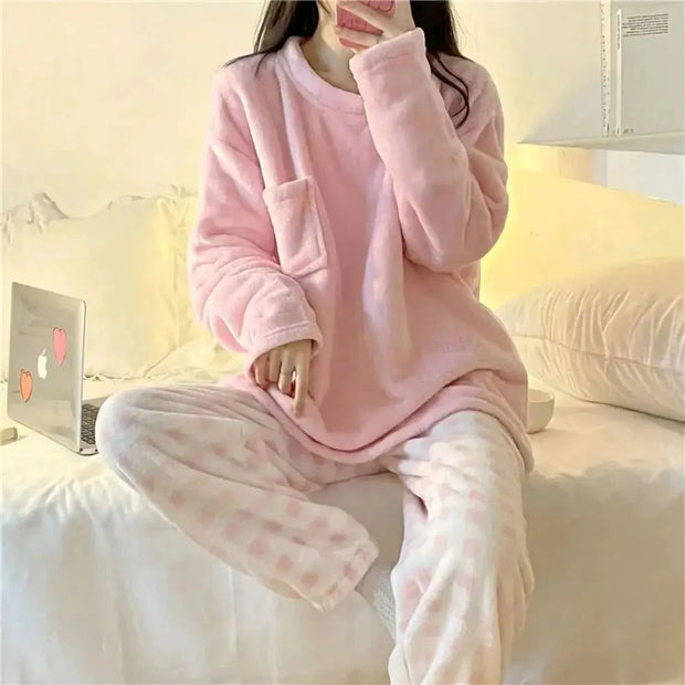 Pijama De Forro Polar Suave Con Diseño De Cuadros - Tienda Kawaii