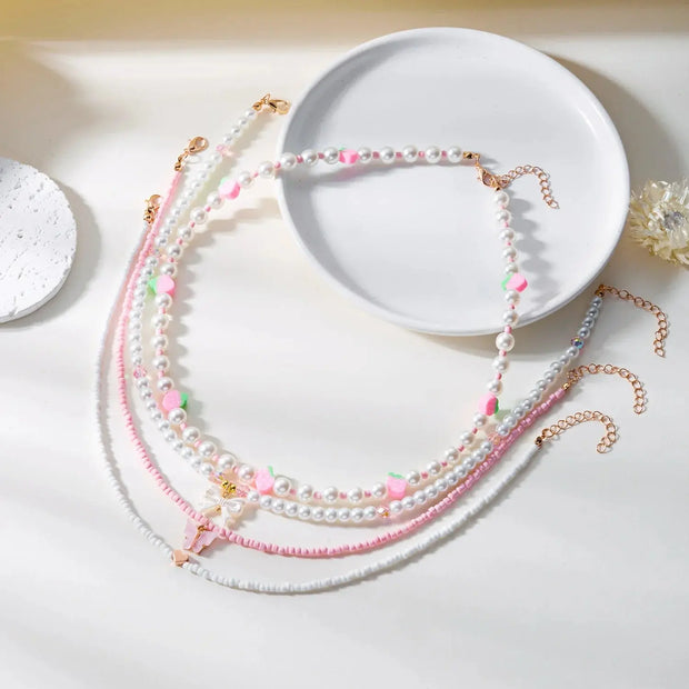 Collar Boho con Colgante Perla y Abalorios de Fresa Verano - Tienda Kawaii