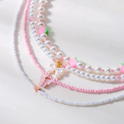 Collar Boho con Colgante Perla y Abalorios de Fresa Verano - Tienda Kawaii