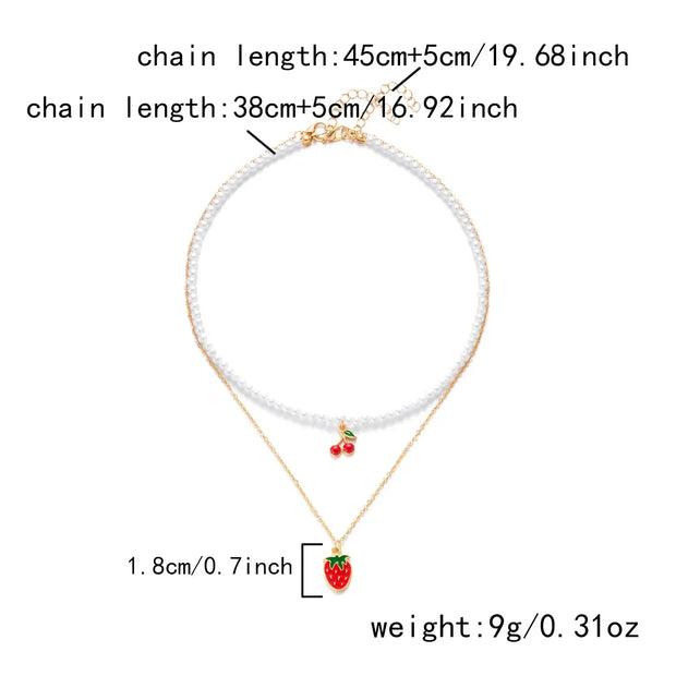 Collar Boho con Colgante Perla y Abalorios de Fresa Verano - Tienda Kawaii
