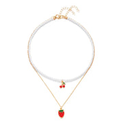 Collar Boho con Colgante Perla y Abalorios de Fresa Verano - Tienda Kawaii