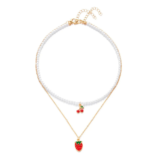 Collar Boho con Colgante Perla y Abalorios de Fresa Verano - Tienda Kawaii