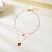 Collar Boho con Colgante Perla y Abalorios de Fresa Verano - Tienda Kawaii