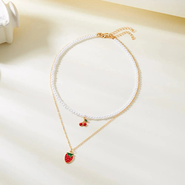 Collar Boho con Colgante Perla y Abalorios de Fresa Verano - Tienda Kawaii