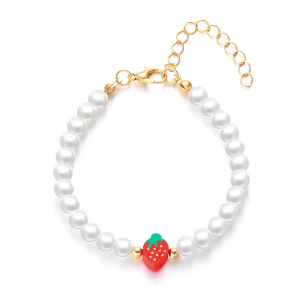 Collar Boho con Colgante Perla y Abalorios de Fresa Verano - Tienda Kawaii