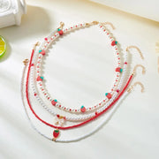 Collar Boho con Colgante Perla y Abalorios de Fresa Verano - Tienda Kawaii
