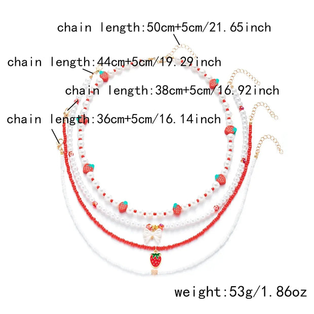 Collar Boho con Colgante Perla y Abalorios de Fresa Verano - Tienda Kawaii