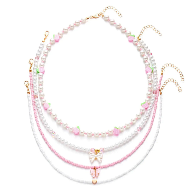 Collar Boho con Colgante Perla y Abalorios de Fresa Verano - Tienda Kawaii