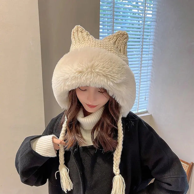 Gorro De Invierno De Orejas De Gato De Lana Suave - Tienda Kawaii
