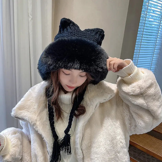 Gorro De Invierno De Orejas De Gato De Lana Suave - Tienda Kawaii