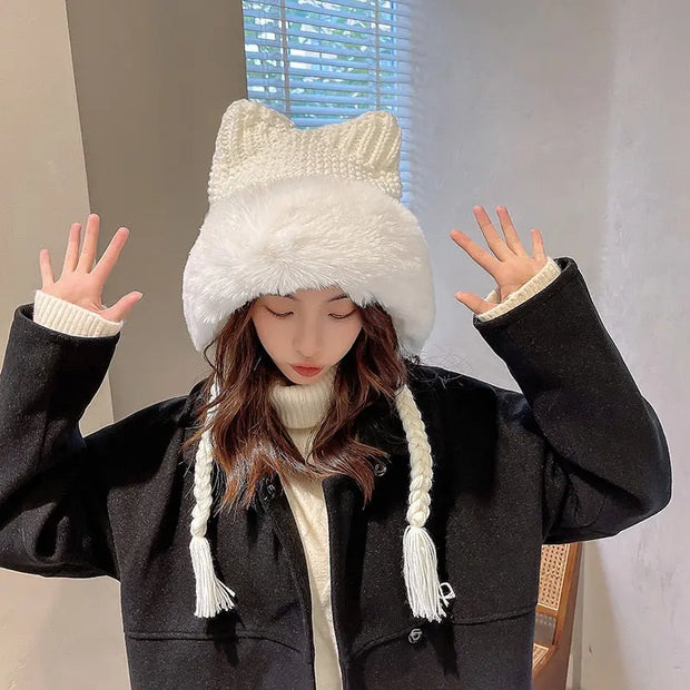 Gorro De Invierno De Orejas De Gato De Lana Suave - Tienda Kawaii