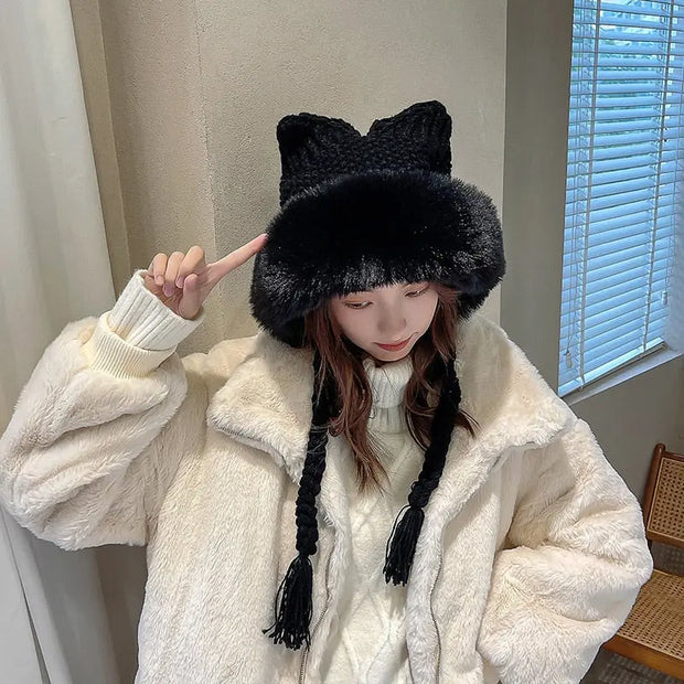 Gorro De Invierno De Orejas De Gato De Lana Suave - Tienda Kawaii