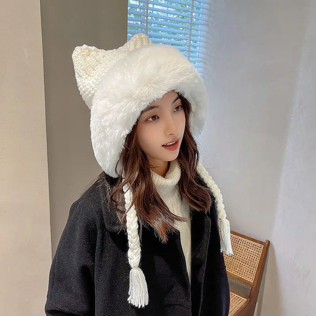Gorro De Invierno De Orejas De Gato De Lana Suave - Tienda Kawaii