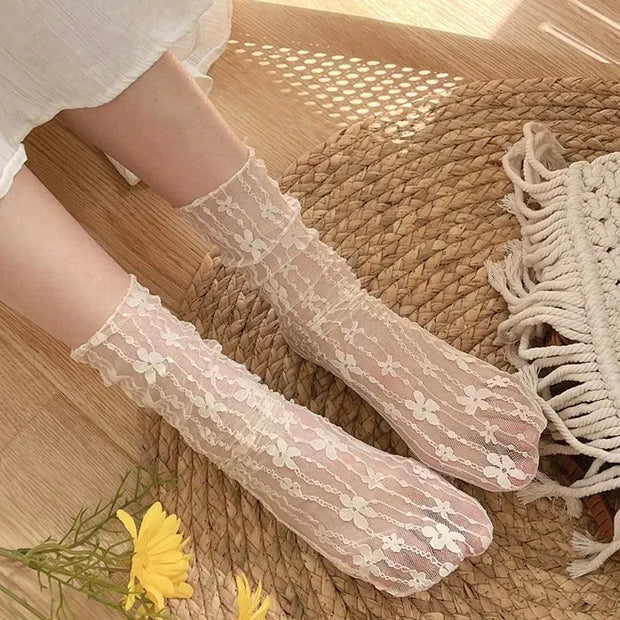 Calcetines De Encaje Floral Transparente Para Mujer - Tienda Kawaii