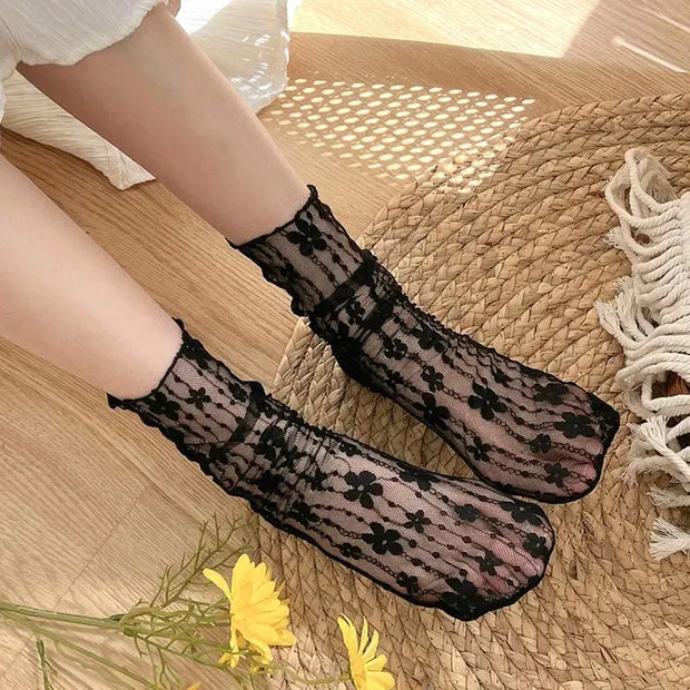 Calcetines De Encaje Floral Transparente Para Mujer - Tienda Kawaii