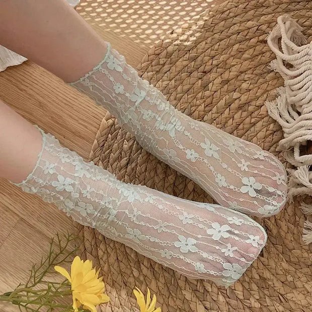 Calcetines De Encaje Floral Transparente Para Mujer - Tienda Kawaii