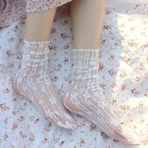Calcetines De Encaje Floral Transparente Para Mujer - Tienda Kawaii