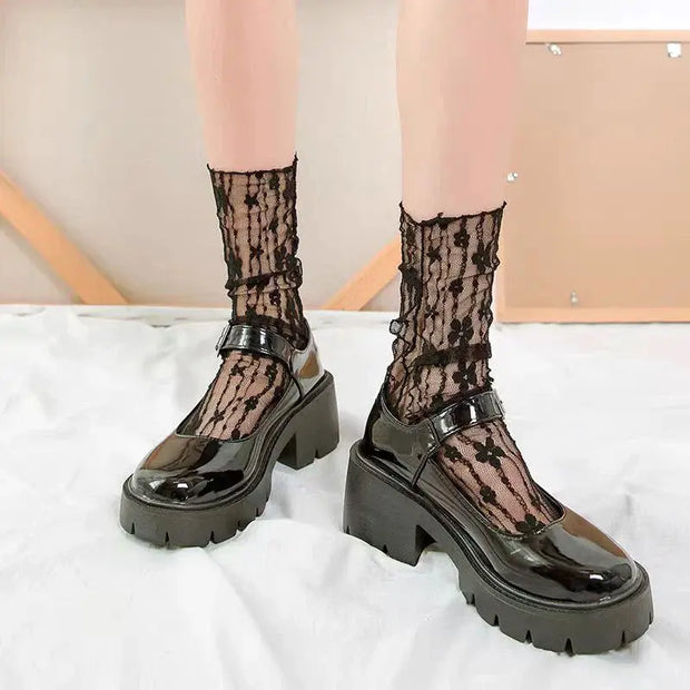 Calcetines De Encaje Floral Transparente Para Mujer - Tienda Kawaii