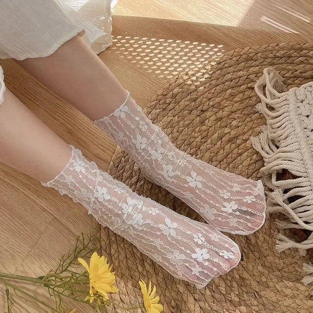 Calcetines De Encaje Floral Transparente Para Mujer - Tienda Kawaii